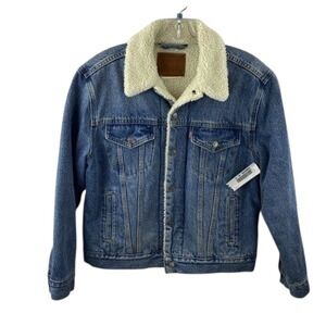 Levis Premium Sherpa Trucker Jacket women's Medium Blue Denim Coat 36137-0005